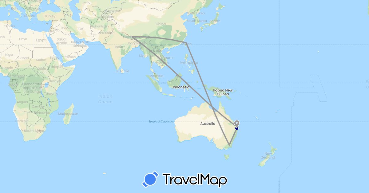 TravelMap itinerary: driving, plane in Australia, Nepal, Taiwan (Asia, Oceania)